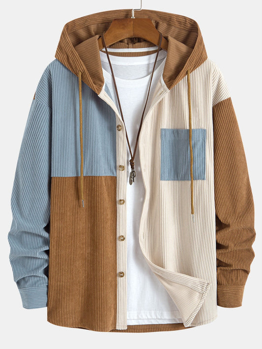Relax Fit Colorblock Corduroy Hooded Shirt